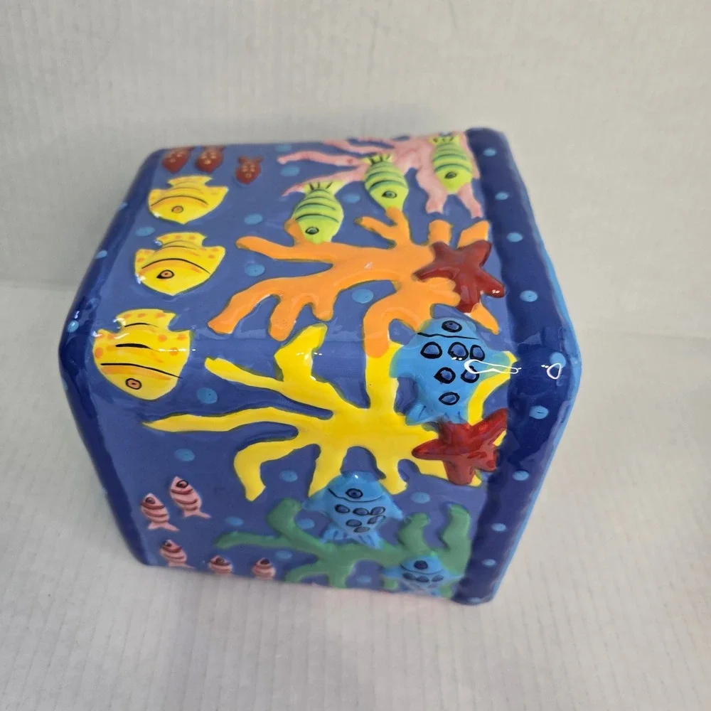 Cathie Raney Ceramic Tissue Box Cover 3D Tropical Fish Ocean Coral Reef Blue